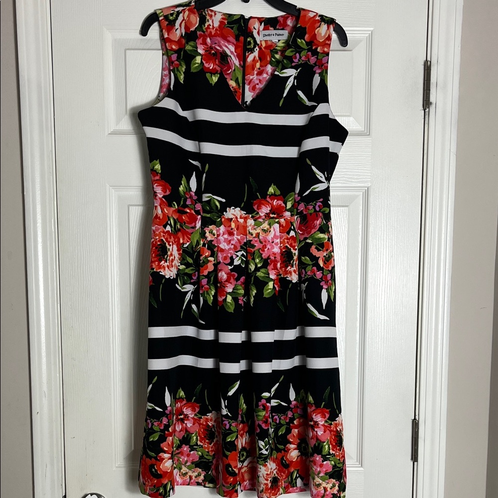 Ann Taylor Floral Stripe Fit & Flare Midi Dress Sleeveless Black Red 10